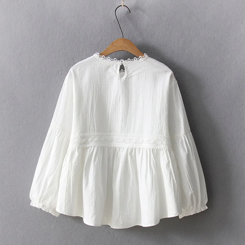 Chemise décontractée Mori Girl pour femmes, chemisiers à manches longues, broderie en coton, blanc uni, dame élégante, printemps, été, U185