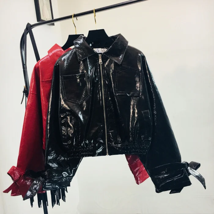 Zipper stitching glossy shiny PU jacket 2024 autumn new female motorcycle PU leather jacket short Slim pu jacket wq1151 dropship