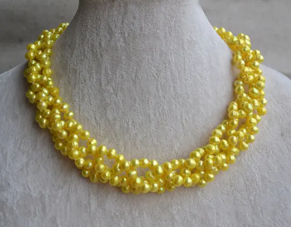 Charming Real Pearl Jewelry,Yellow Color 6-6.5mm 4Rows 17inches 100% Real Freshwater Pearl Necklace Handmade Lady's Jewelry.