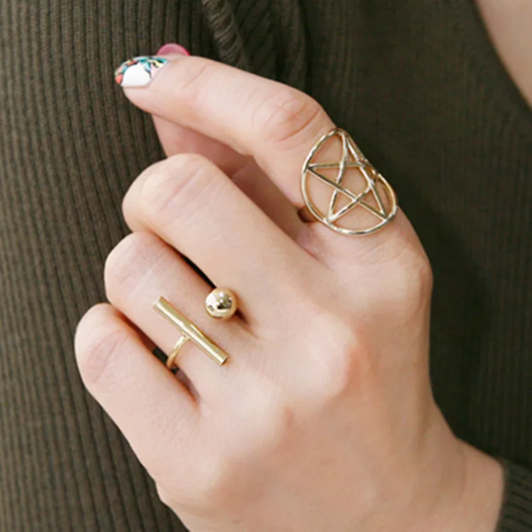 Hollow Pentagram Star Index Finger Ring Fashion Metal Bars Round Bead Ring Opening Set Rings 1 Set = 2 Pieces