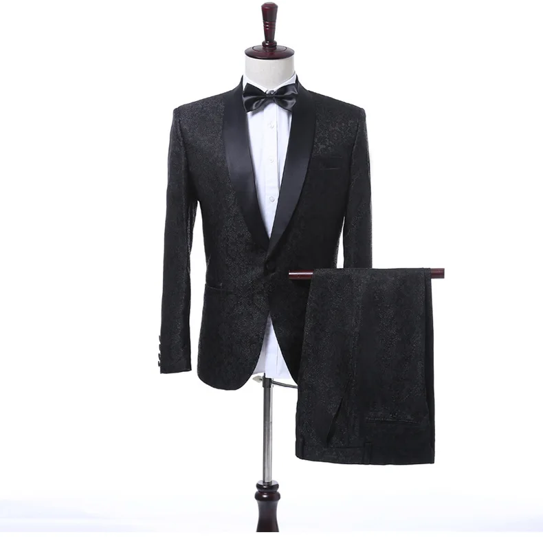 

FOLOBE Tuxedo 2 Piece Jacquard Suit Luxury Black Costume Mariage Homme Mens Suits With Pants Vintage Mens Suit British LS1629