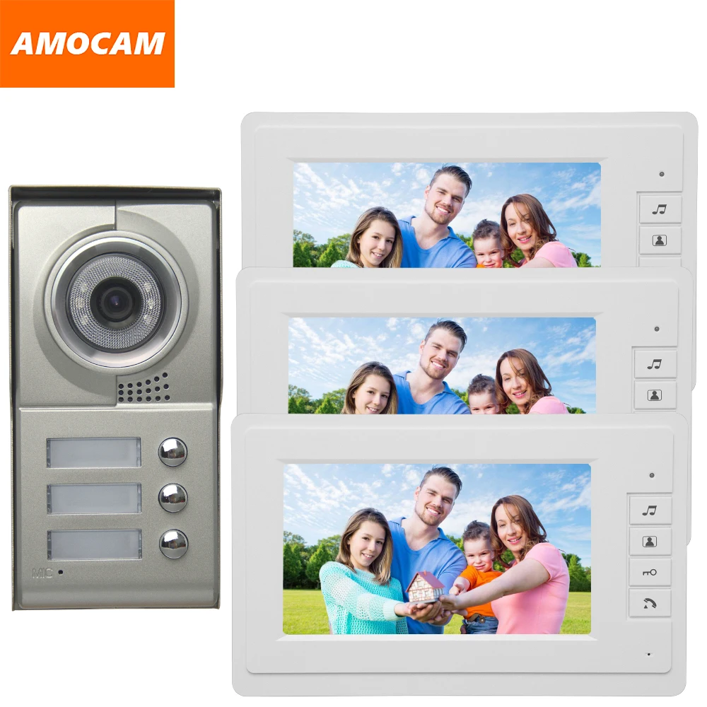 

3 Units Apartment Video intercom system 7" Monitor Video Door Phone Aluminum Alloy IR Camera for 3-households video Doorbell