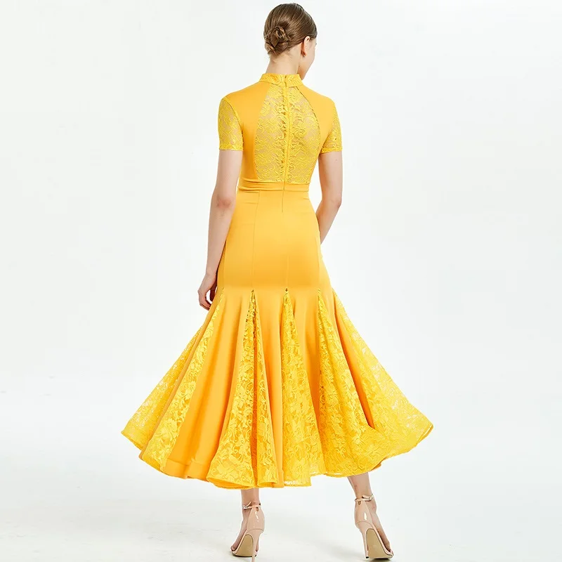 Robe de danse standard pour femmes, robe de valse à franges, costumes standard, vêtements de danse, lumineux, dentelle jaune