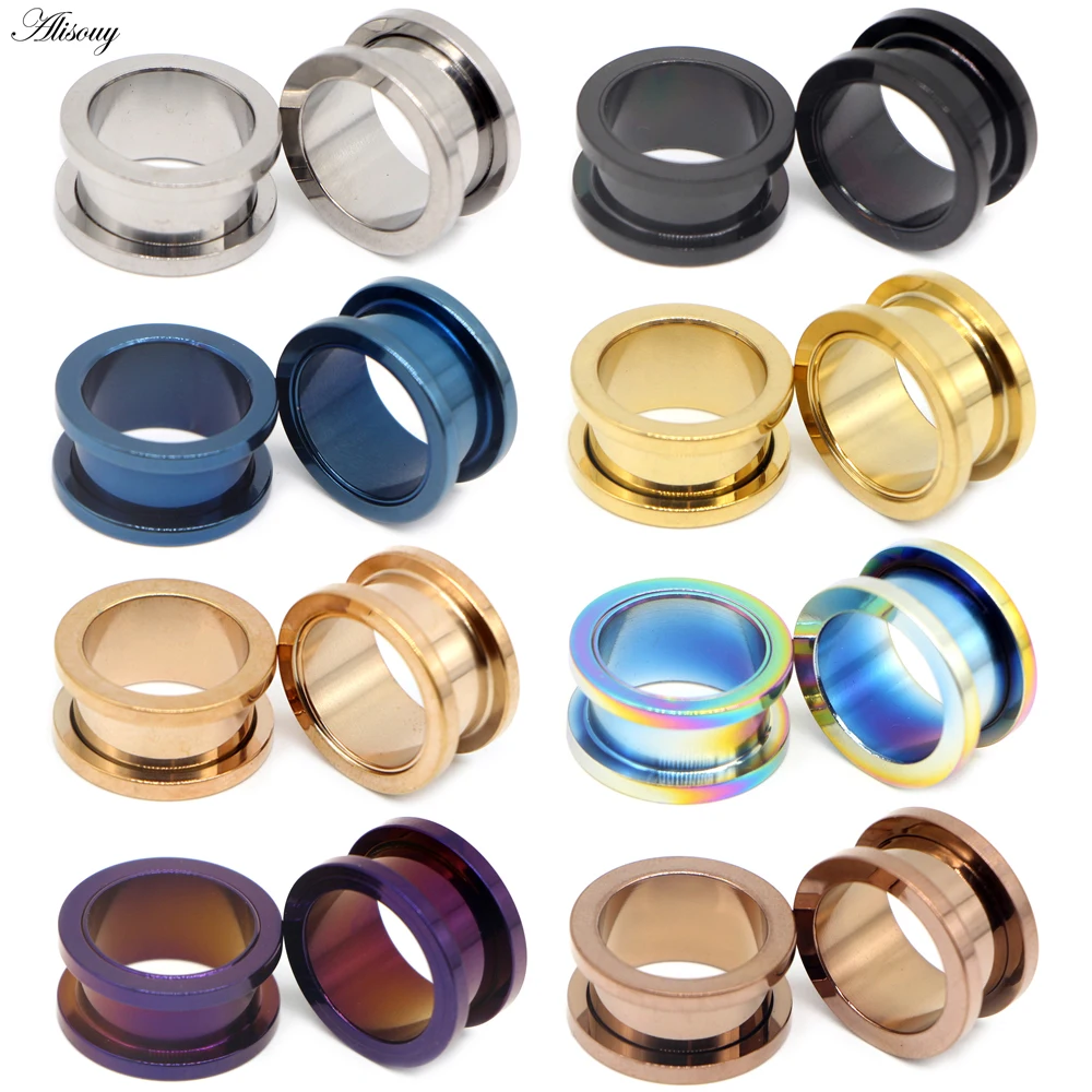 Alisouy Unisex 2PC Steel Ear Plugs Tunnel Flesh Earring Gauges Hollow Piercings Tunnels Expanders Mixed Color Body Jewelry