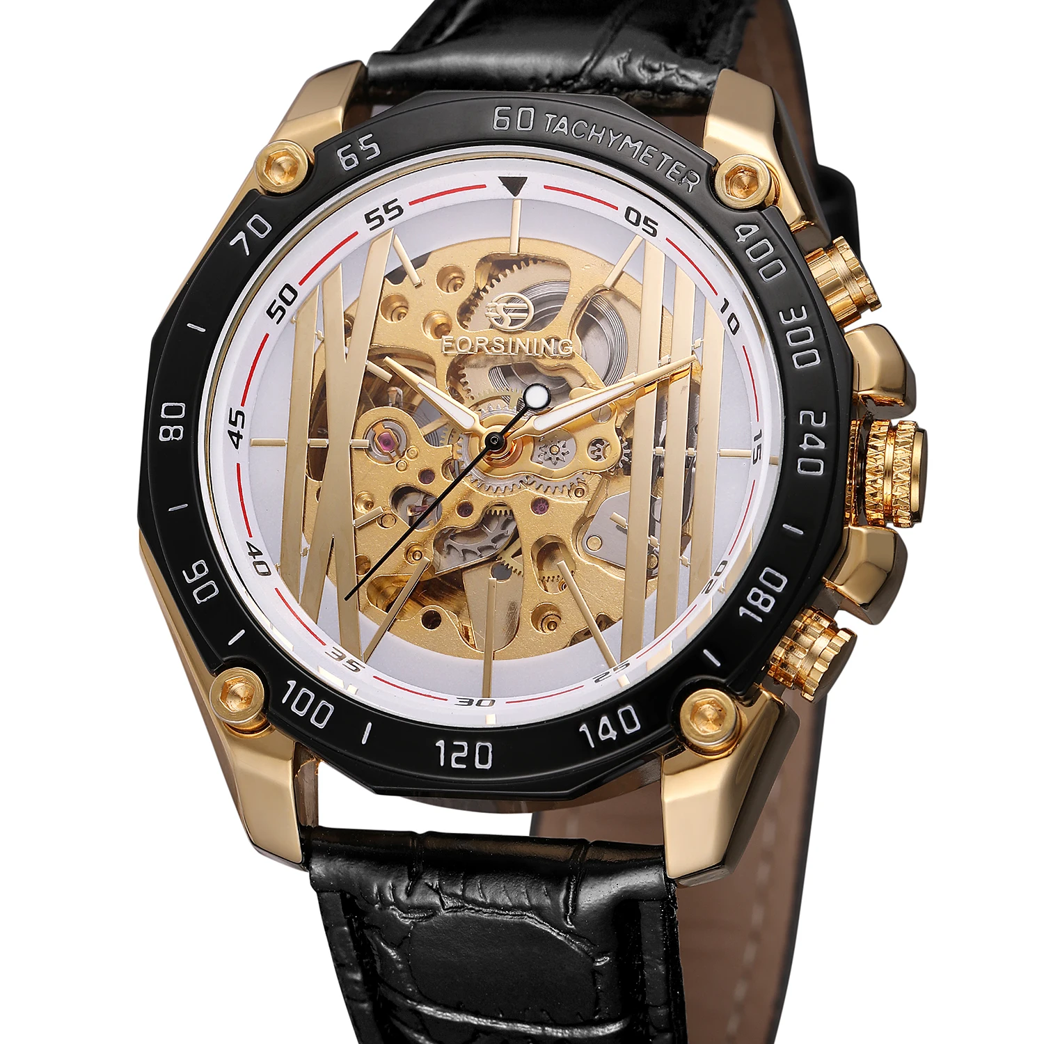 

FORSINING WATCH Creative surface white and gold carved Arabic numerals dial strap golden men's mechanical watch