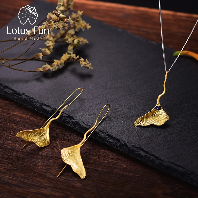

Lotus Fun Real 925 Sterling Silver Natural Lapis Fine Jewelry 18K Gold Ginkgo Leaf Jewelry Set with Earring Pendant Necklace