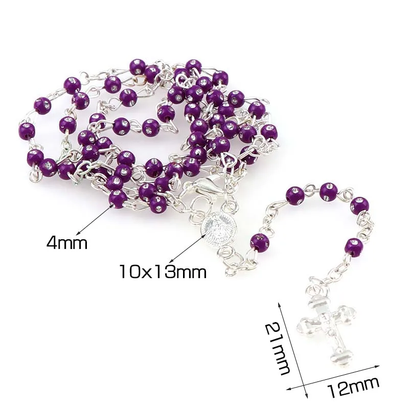 6 Pieces 4mm Glass Bottle Shining Rosary Beads INRI JESUS Cross Pendant Necklace Catholic Fashion Religious Jewelry