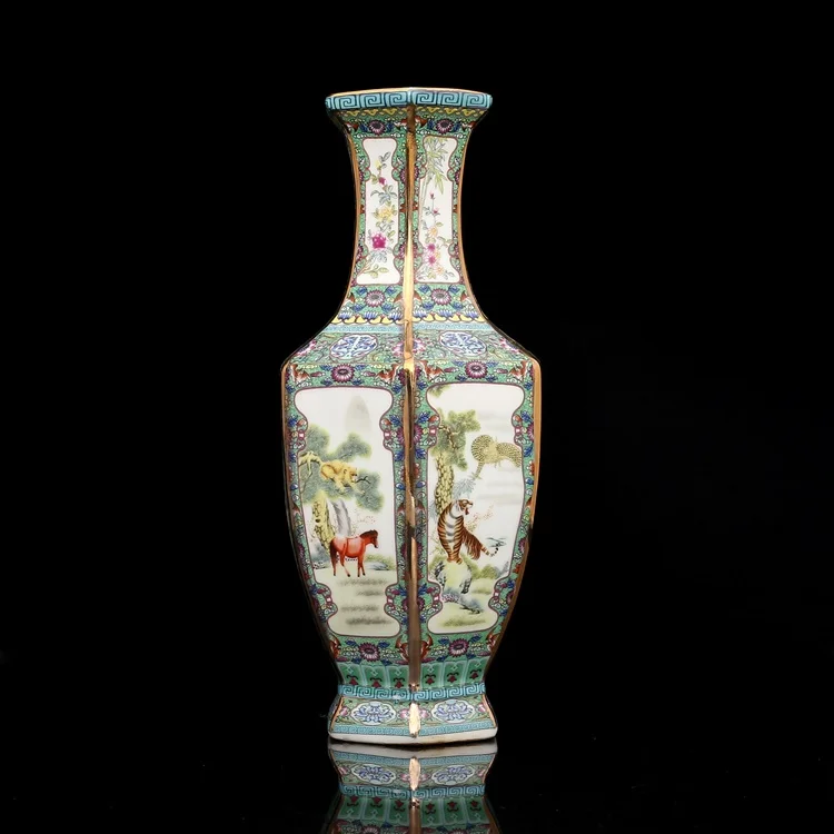 Enamel Ceramic Vase Painting in Qianlong Year Mark Golden Zodiac Hexagonal Vase Antique Porcelain Collection