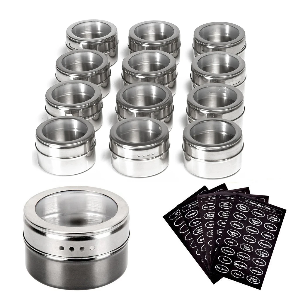 

GOUGU Stainless Steel Magnetic Spice Tins Spice Jar Set with Stickers Pepper Shakers Salt Pepper Set Seasoning Sprays