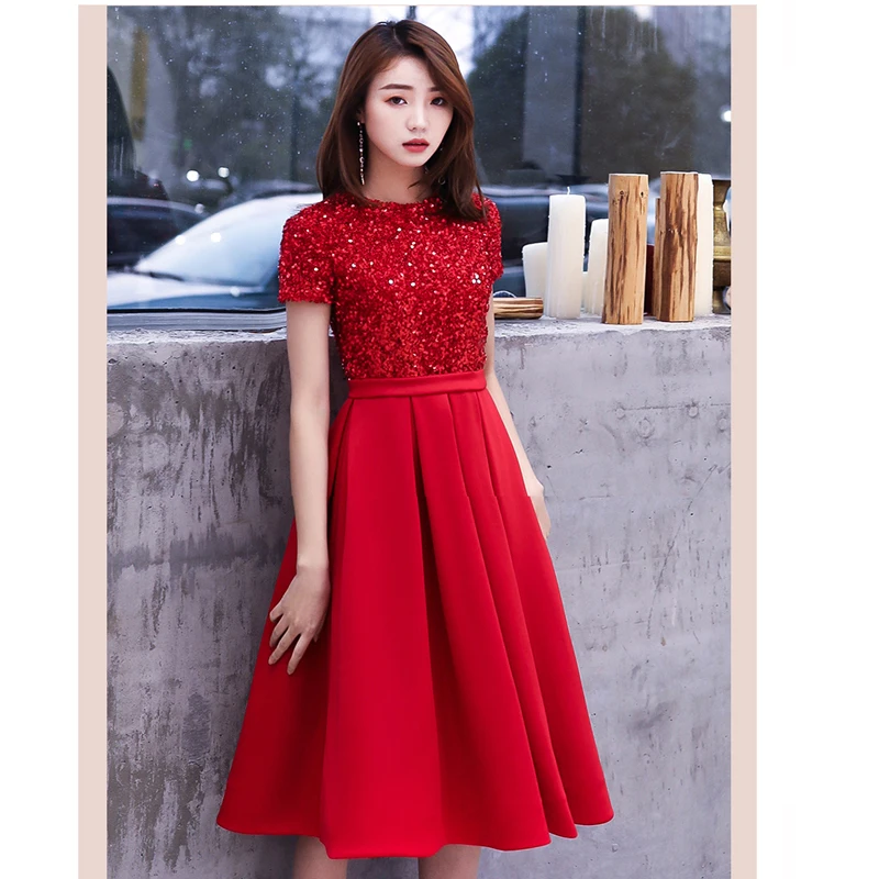 it\'s YiiYa Prom Dress Red Sequins Kneel-Length Dresses Short Sleeves Zip Women Party Night Vestidos de Gala Plus Size 2019 E455