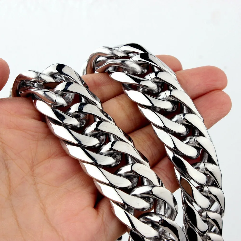 

Custom Length 16/19/21mm Width Silver Tone Cut Curb Cuban Link Chain 316L Stainless Steel Necklace 7''-40''