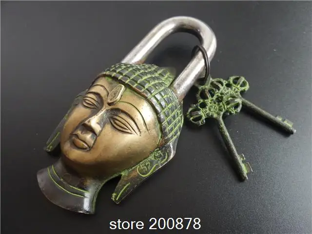 HDC0808 Tibetan Handmade Antiqued Bronze Solid brass Buddha Head Lock & Key from Nepal,Tibetan Metal Crafts Free ship