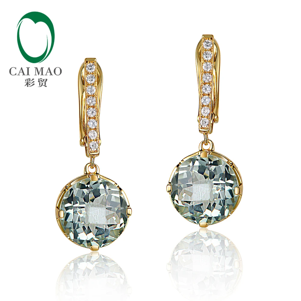 Caimao Jewelry 14KT Gold 8mm Round Cut 3.21ct Green Amethyst & 0.10ct  Diamond Engagement Earrings