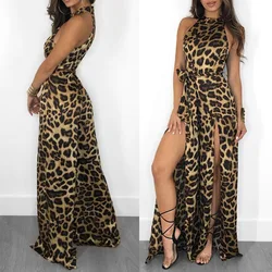 2024 OMSJ Leopard Jumpsuit for Women Sexy Halter Skinny Body Suit Sleeveless Split Playsuit Female Spring Loose Wide Leg Rompers