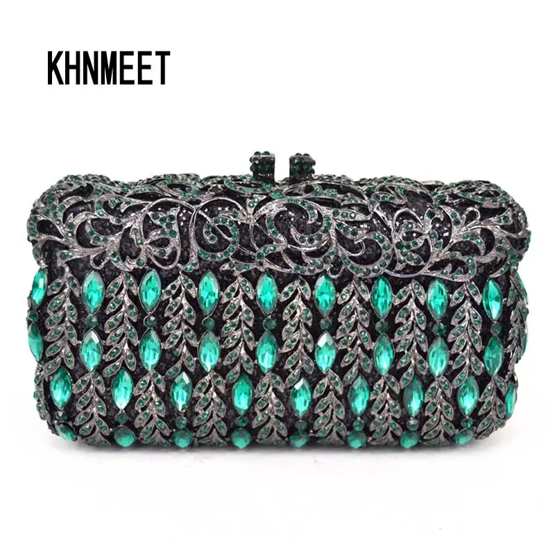 

KHNMEET Green Crystal Clutch Bag Luxury Diamante Bling Handbags Women Wedding Bridal Party Bag Formal Shoulder Bag SC448