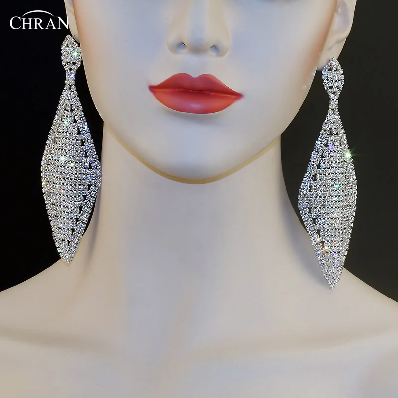 CHRAN Fashion  Exaggerated Unique Design Silver Plated Square Rhinestone Chandelier Dangle Crystal Long Earrings for Women