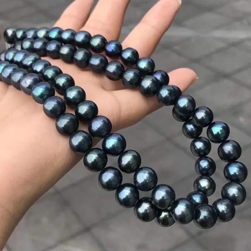 9-10mm Natural Black Real Freshwater Pearl Round Loose Beads Strand 15'' AAA+++