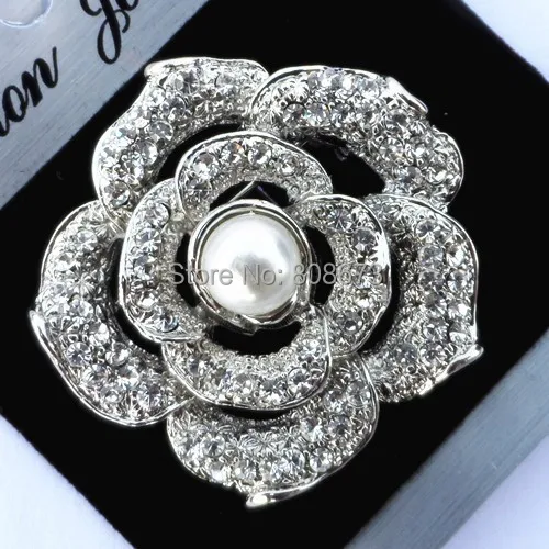 

6PCS/LOT Bling Rhinestone Crystal And Faux Pearl Beautiful Rose Brooch Woman Wedding pins Brooch