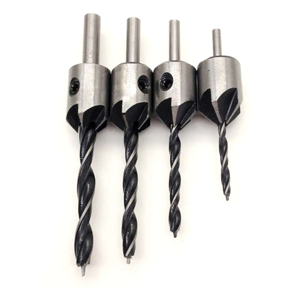 4Pcs Countersink Drill Bits Set+1 Pcs Hex Shank Wrench 3/4/5/6mm HSS Carpentry Reamer Woodworking Chamfer Counter Bit Set