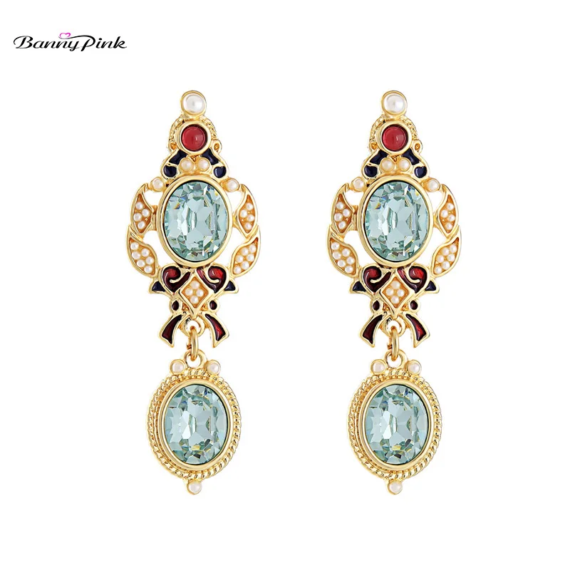 Banny Pink Classical Glass Geometric Statement Studs Earrings For Women Party Metal Pendant Post Earrings Vintage Earring Brinco