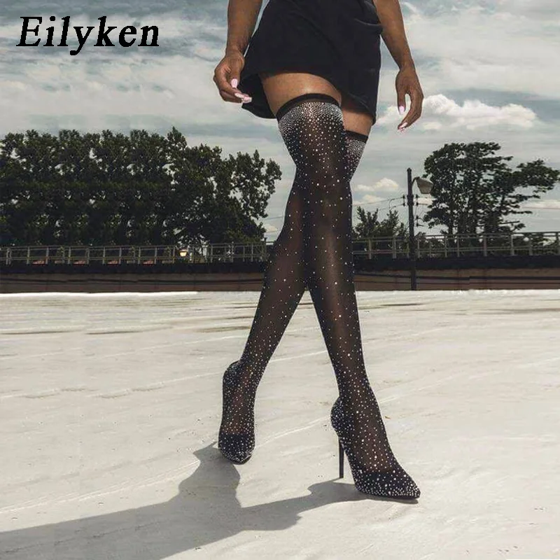 Eilyken Design Fashion Pointed Toe Bling Over Knee Boots Crystal Long Women Thigh High Heel Sexy Club Sock Botas Mujer