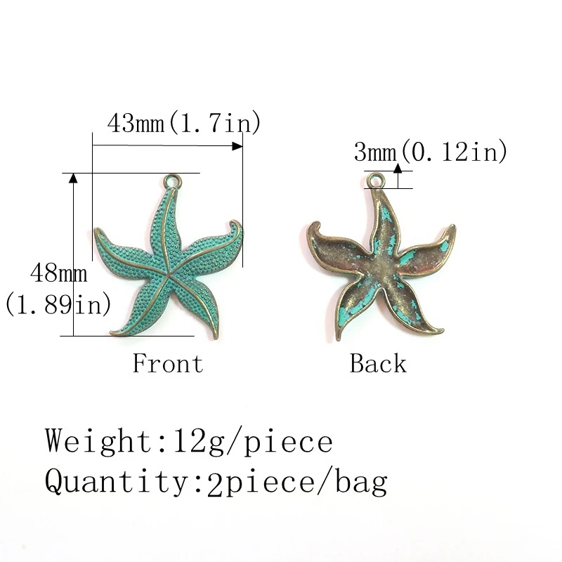 2021 new fashion 2pcs 48*43MM Retro Patina Plated Zinc Alloy Green Starfish Charms Pendants For DIY Jewelry Accessories