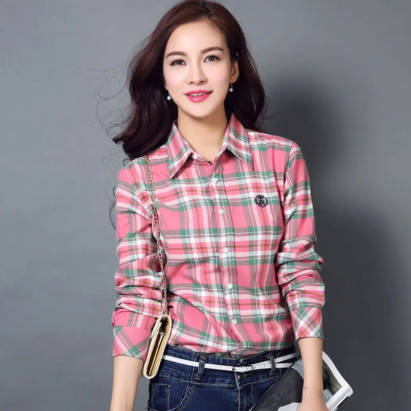 S-4XL Frauen Baumwolle Shirt Frühling Herbst Winter 2023 Neu Zwanglos Lange Ärmel Gebürstet Plaid Streifen Hemden Mädchen Oberteile Bluse Weiblich