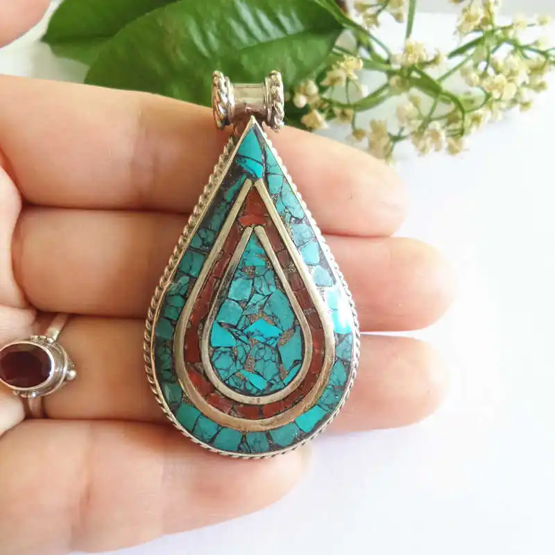 TBP602 Tibetan Jewelry Pendants White Metal Copper Inlaid Colorful Stone Big Waterdrop Pendant from Nepal