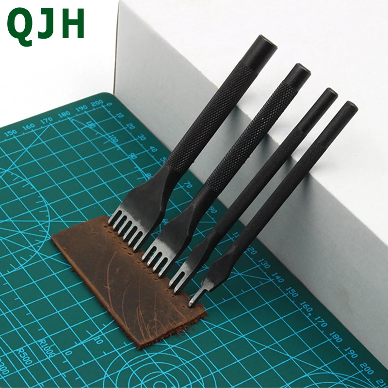 4mm 1/2/4/6 Prongs Leather Craft Hole Punches Stitching Punching Tools Black Round Handle Rhombic Chisel Inter-tooth Polishing