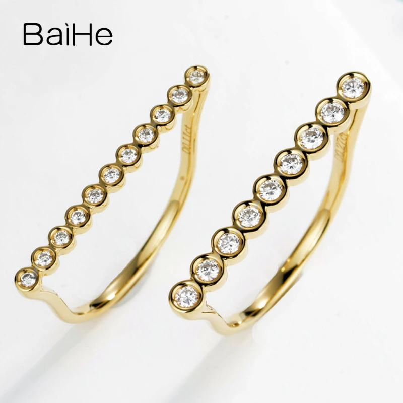 BAIHE Solid 14K Yellow Gold 0.11CT/0.27ct H/SI Natural Diamond Bezel Row Set Ring Women Party Trendy Fine Jewelry Anel diamante