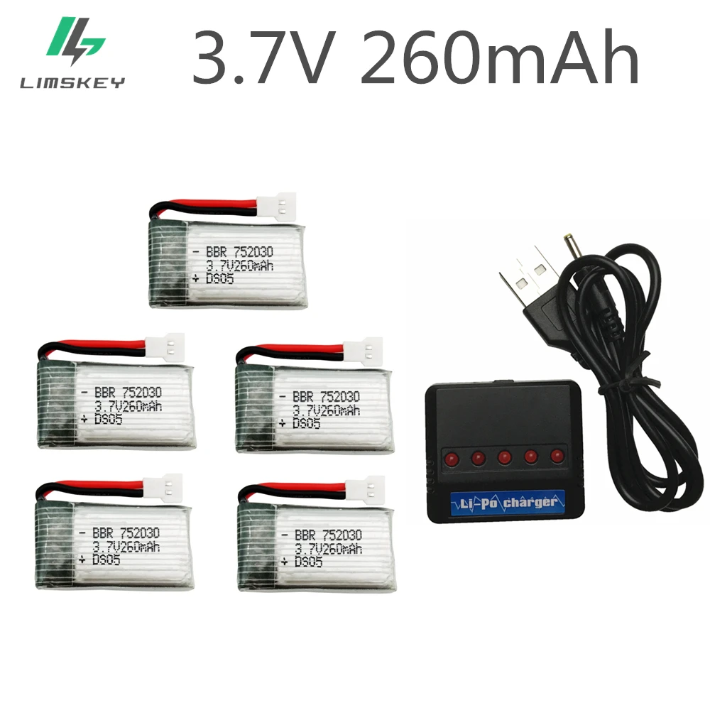 3.7V 260mAh 리튬폴리머 배터리, H8 H8 미니 H48 RC 쿼드콥터 드론 부품용 5in1 충전기 포함, 도매, 5 개입