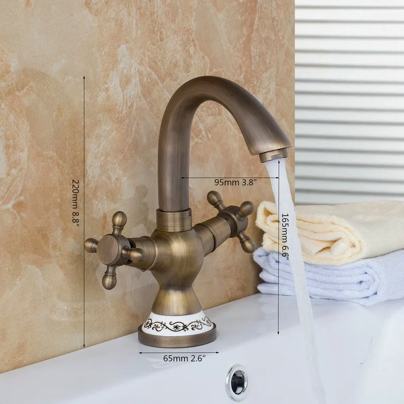 Torayvino Antique Brass Ceramic Tap Mixer Faucet Unique Design Rotated Kitchen Swivel Dual Handles Basin Sink Swivel Facuet