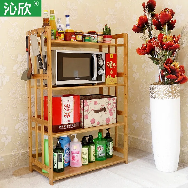 Qin Yan thick kitchen microwave oven rack bamboo wood kitchen shelf creative home-pod storage rack Specials