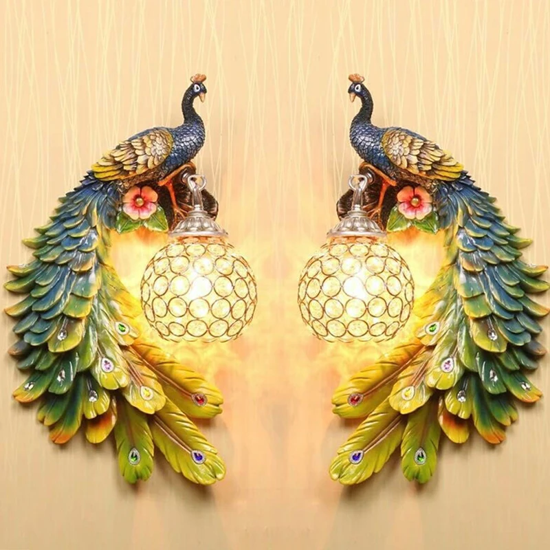 

Creative Resin Peacock Wall Lamps Colorful Gold White Villa Hotel Crystal Wall sconce Home Decor Living Room Corridor Luminaires