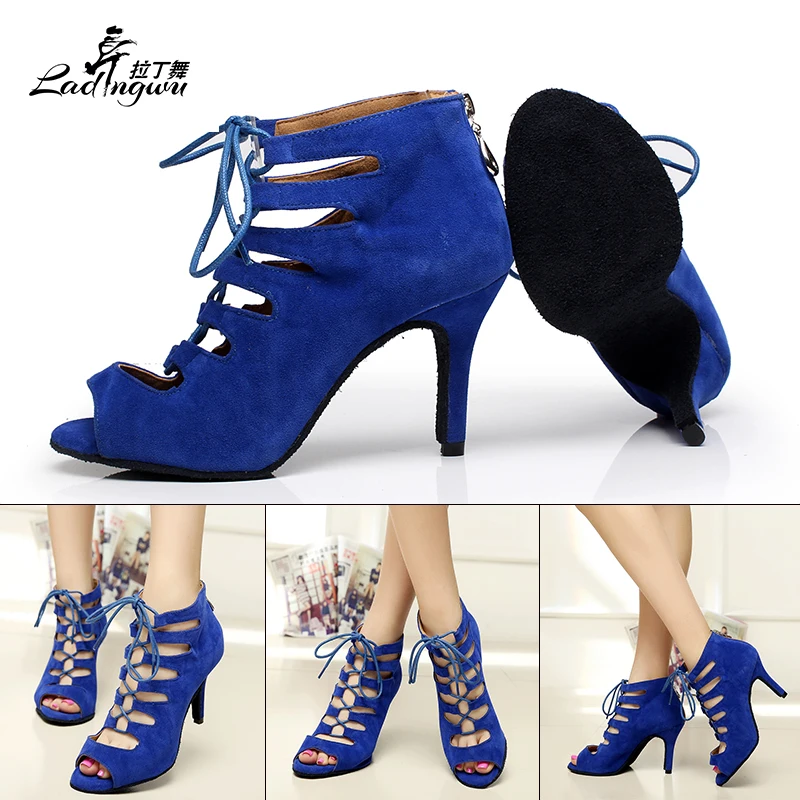 Lacing Flannel Spring and Summer Boots Soft Bottom Dance Shoes Zipper Women\'s sandals Latin Salsa Dance Shoes Blue/Red