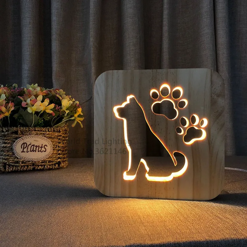 3D LED Wood Lights Cute Dog Paw Cat Lamp USB Operated Warm Mood Lamp 3D Illusion Luminaria Lamp Birthday Gift Kids Bedroom Decor