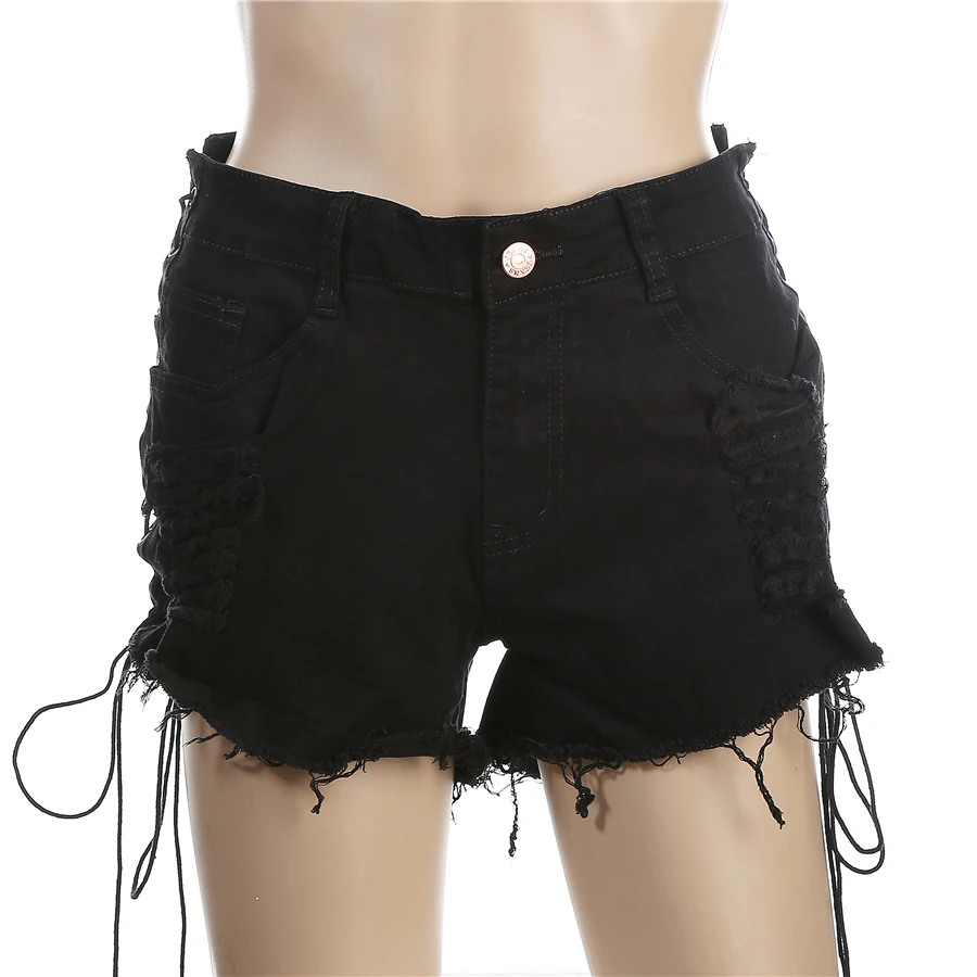 

Sexy Summer Women Denim Black/White Ripped Short Jeans High Waisted Tassel Elastic Lace Up Bandage Shorts pants Size S-3XL