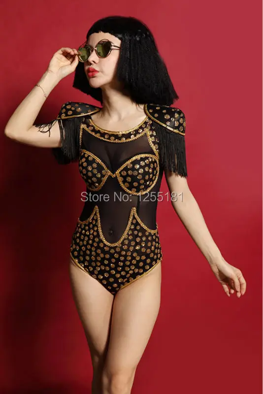 2015 Baru Wanita Fashion Hitam Rumbai Tanda Pangkat Penyanyi Ds Kostum Dj Kostum Kristal Pakaian Seksi One-Piece Bodysuit memakai