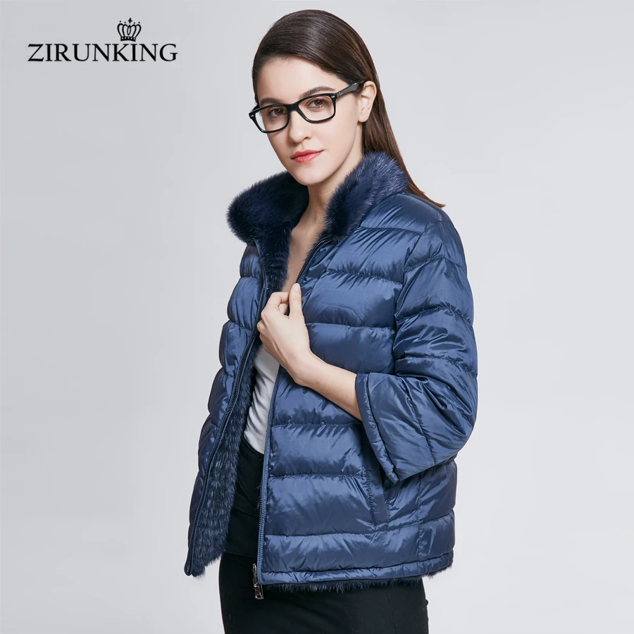 ZIRUNKING Real Mink Fur with Down Jacket Lady Reversible Natural Mink Fur Female Blue Stripe High Quality Fur Clothing ZC1808