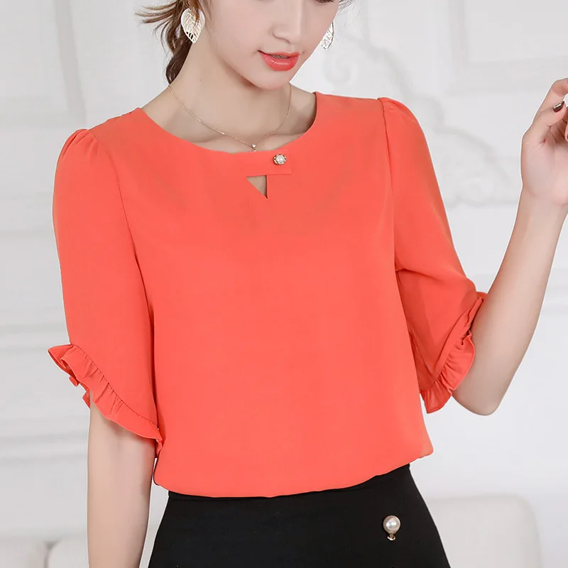 Spring Summer Chiffon Shirt Women's Fashion Pure Color Short Sleeve Thin Top Office Ladies New Korean Leisure Work Blouse H7069