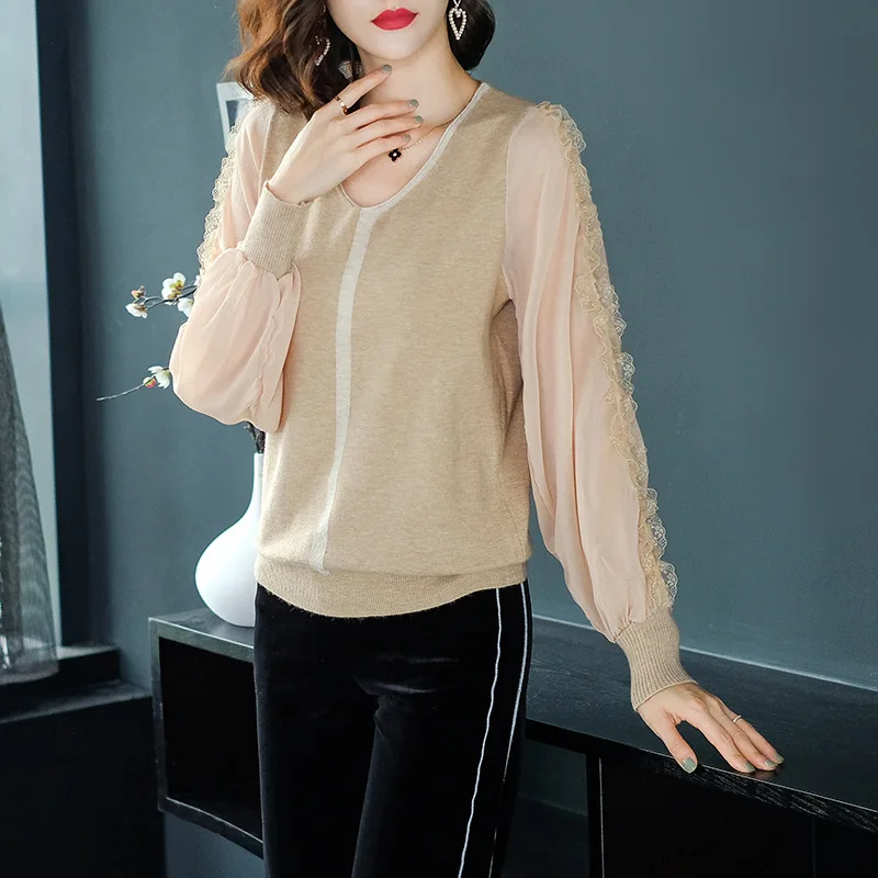 Spring Pullovers Women Solid Color V-neck Sweater Korean All-match Long Sleeve Jumper Tops Female Lace Stitching Thin Top H9363