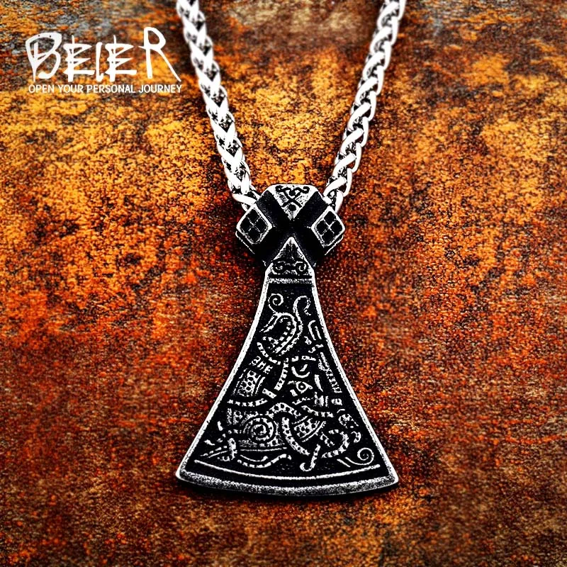 Beier 316L Stainless Steel Norse Viking Axe Pendant Necklaces Jewellery Mammen Goth Male Scandinavian  Vintage for men LP268