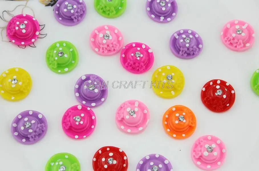 

set of 100pcs Kitschy polka dots hat with flowers rhinestones cabochons, flatback charm for hair accessories diy crafts 0.7inch