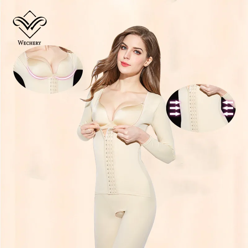 Wechery Shapewear Women Body Shaper Tummy Control Underwear Slimming Bodysuit Plus Size Long Sleeve Shapers