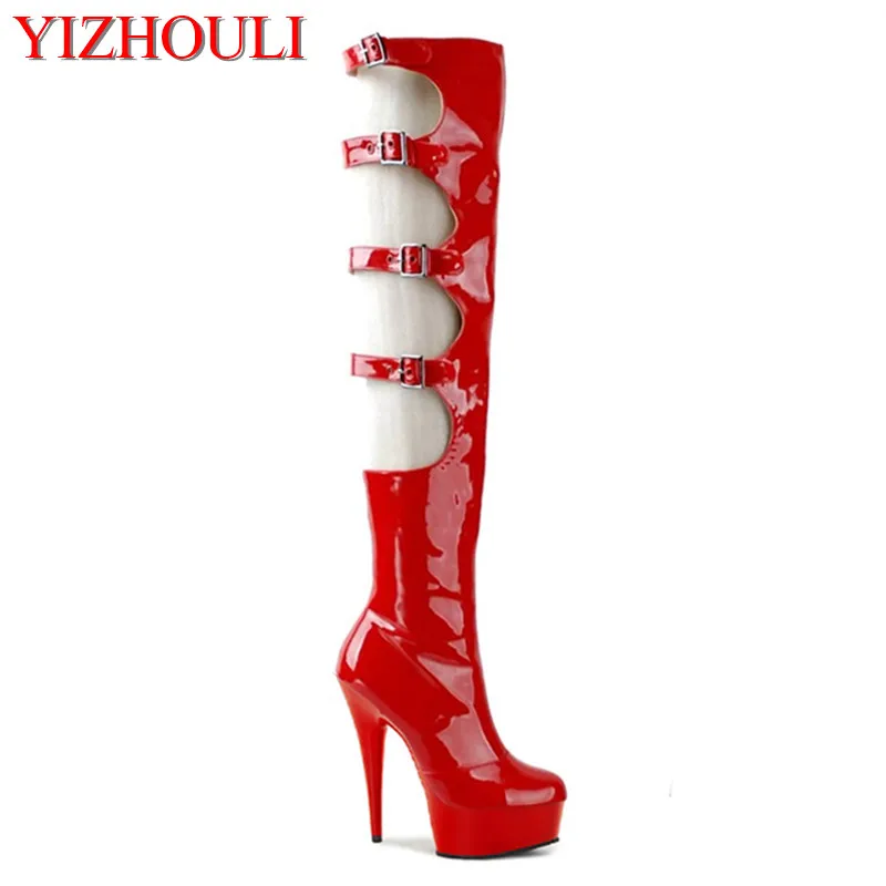 Sexy club, 15-centimeter-thick, high-heeled, high-heeled shoes, and a female motorcycle boot with a button-down on the knee