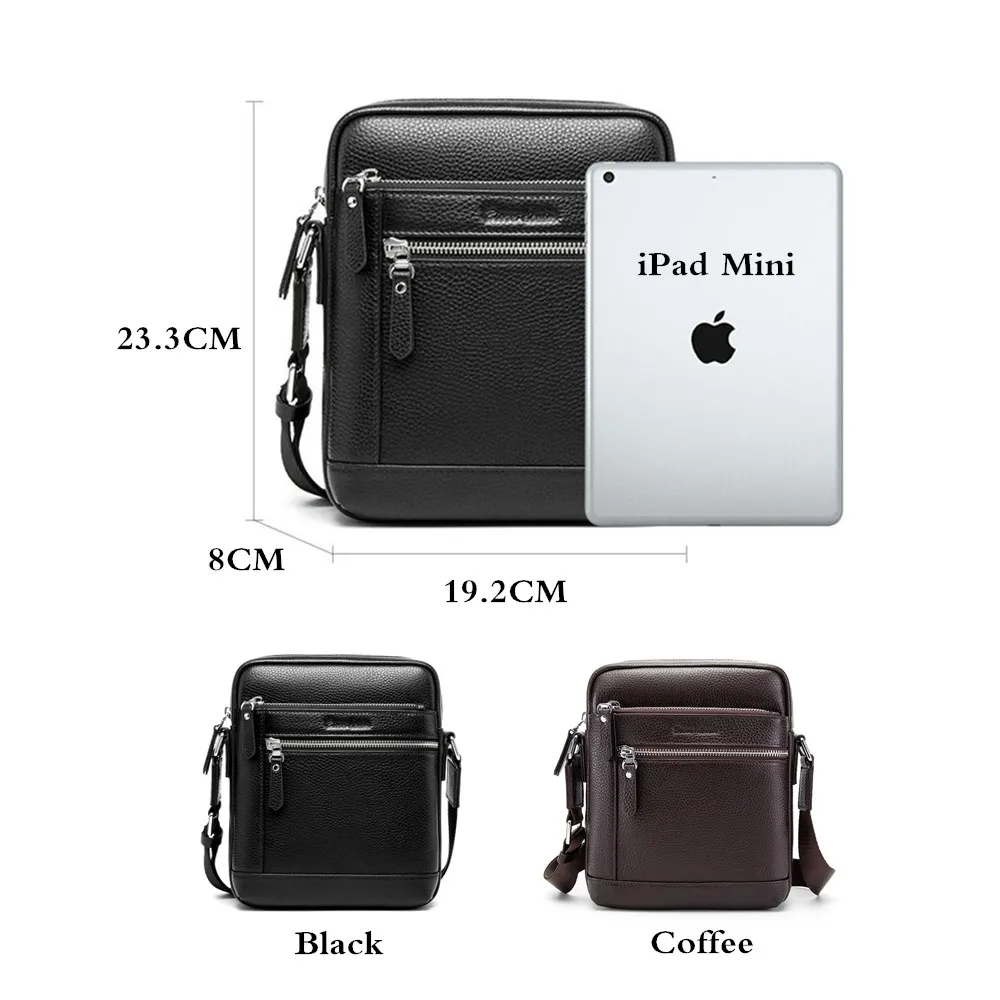 BISON DENIM Classic Black Male Bag Genuine Leather Business Crossbody Bag iPad Mens Messenger Bag Casual bolsas male N2845