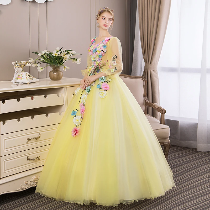 Trajes De Quinceaneras 2022 Nieuwe Gele V-hals Lange Mouwen Jurken Kant Bloem Plus Size Custom Made Prom Gown L