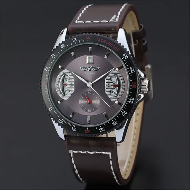 2018 WINNER Brand Man Fashion Auto Mechanical Watch Casual Leather Strap Sub Dial Date Display Tachometer Top Brand Luxury Wrist