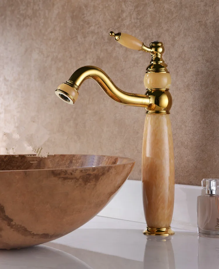 

Free ship 13.5" Tall Bathroom Vessel Sink Faucet mixer tap - One Hole / Handle Jade stone Gold deck mounted