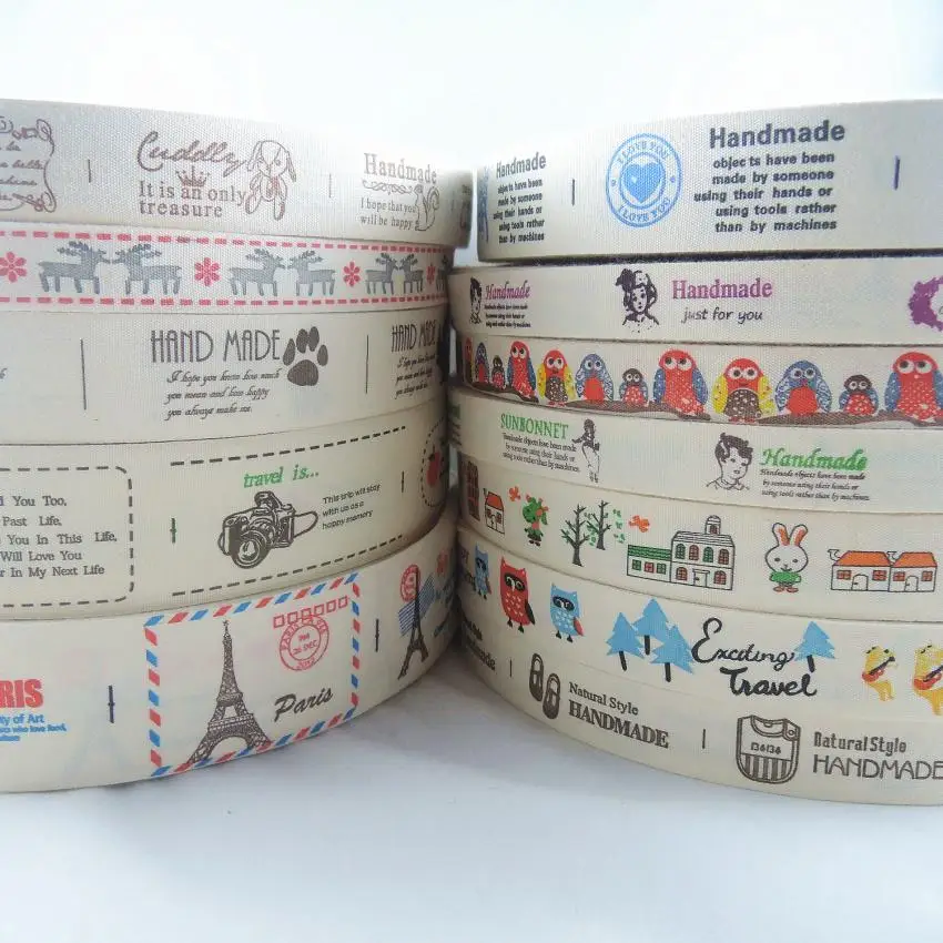 12Yards/lot Mixed Design Size Cotton Ribbon Cartoon Owl Handmade Printed DIY Sewing Label Webbing Tape Garment Accessories XM02